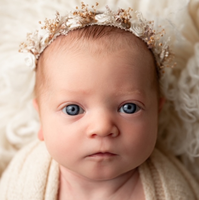 A baby with blue eyes and a flower crown on it's head.