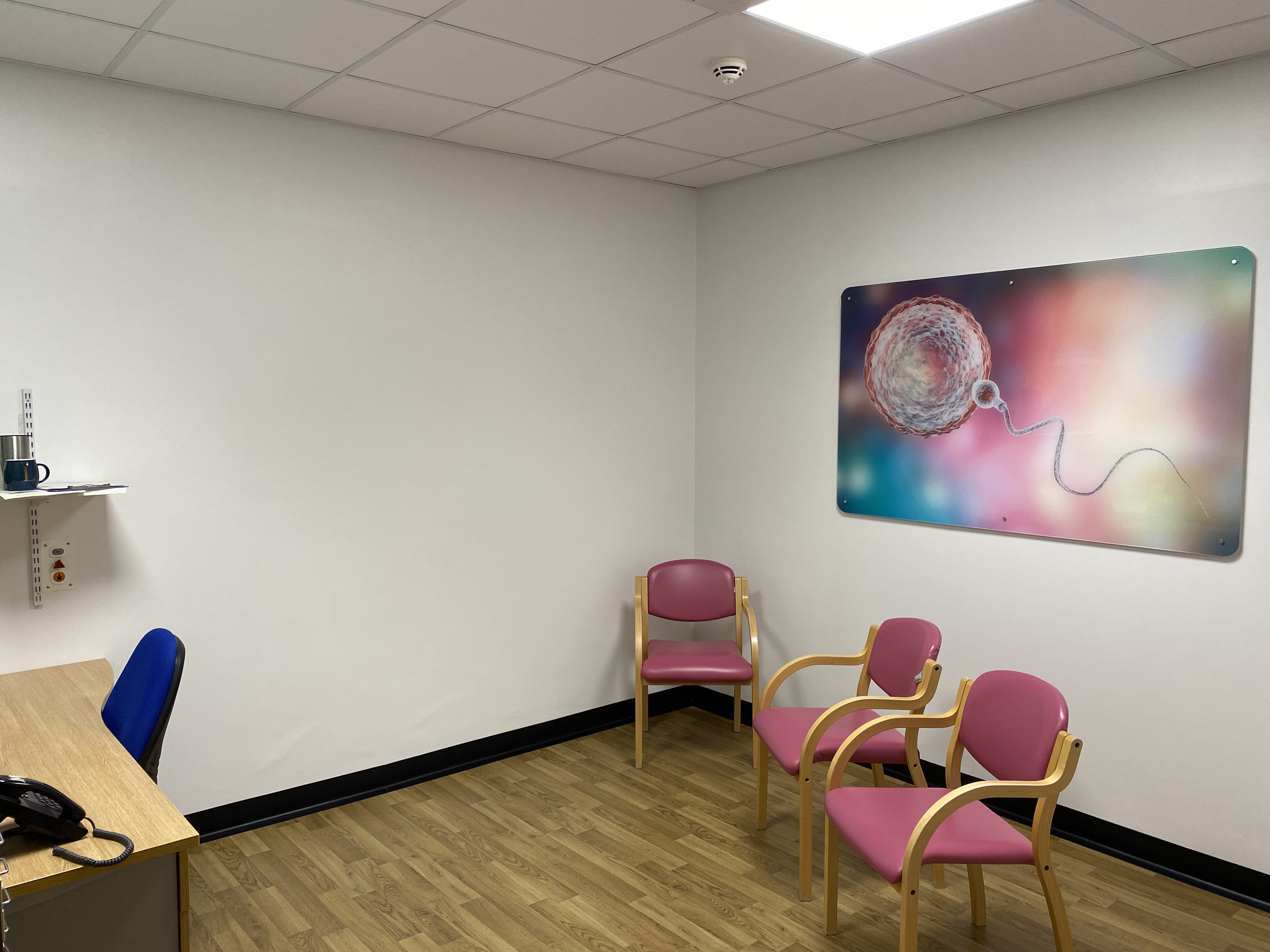 A room with wooden flooring and pink chairs and a painting on the wall.