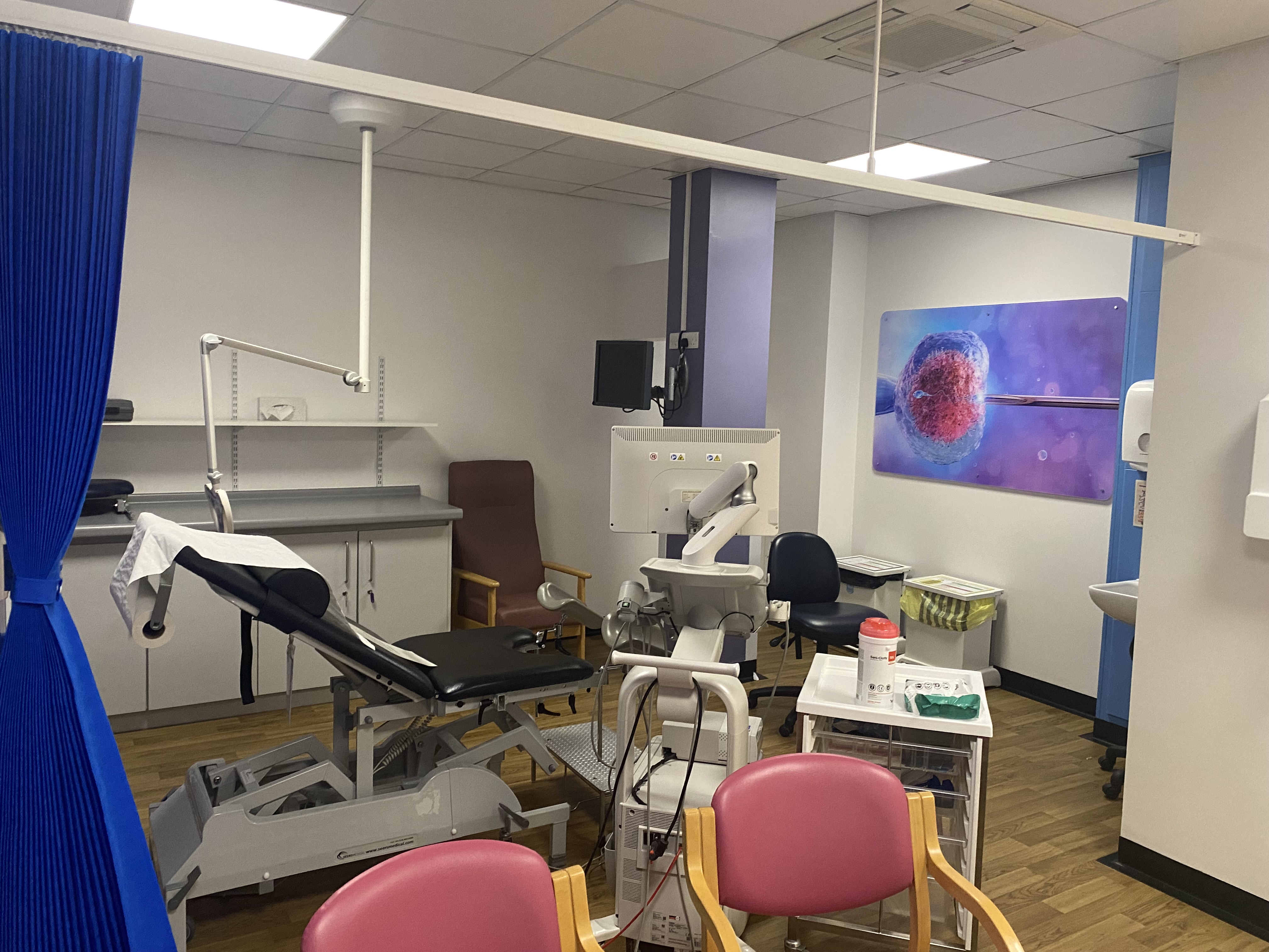 A room with medical equipment and a blue curtain and a painting on the wall.